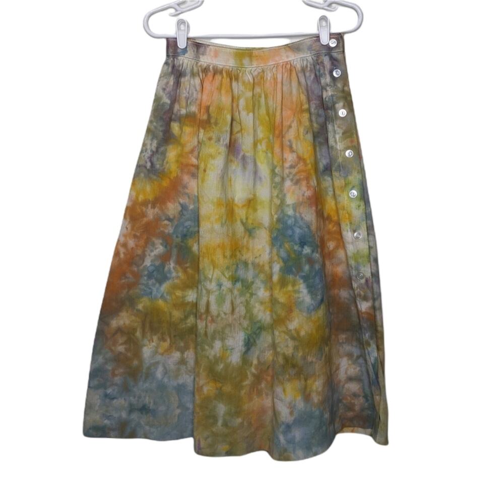 Vintage Cottagecore Skirt Custom Ice Tie Dye Long Button Art Earth Tone Size 14